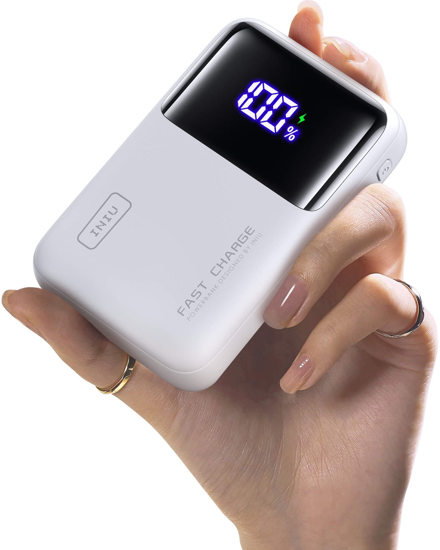 INIU Cougar P62-E1 power bank in hand, white design, 100% charge displayed, fast charging.