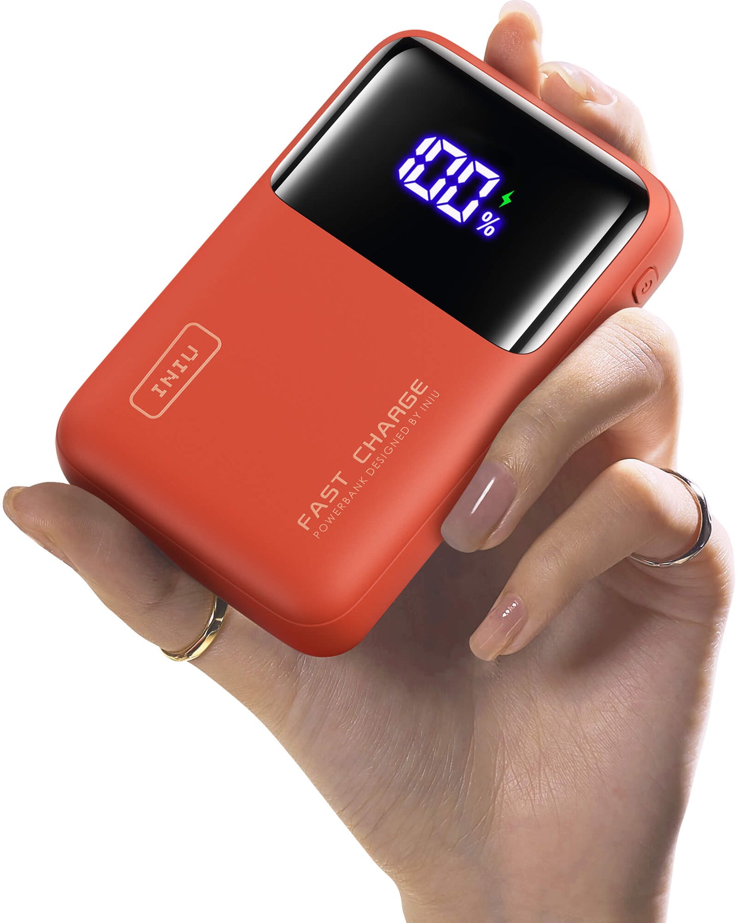 INIU Cougar P62-E1 Power Bank: Orange power bank held in hand with digital display showing 100% charge, fast charging