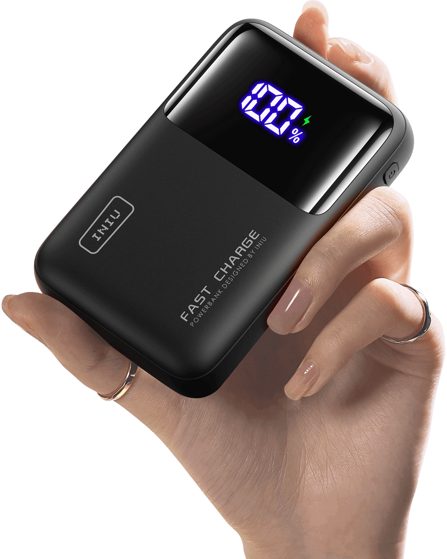INIU Cougar P62-E1 Power Bank: Black power bank with digital display showing 100% charge, fast charging by INIU.
