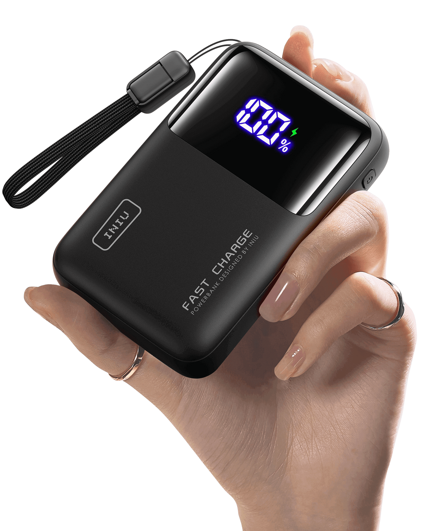 INIU Cougar P62-E1 Power Bank in Black: 65W fast charging, digital display showing 100% charge.