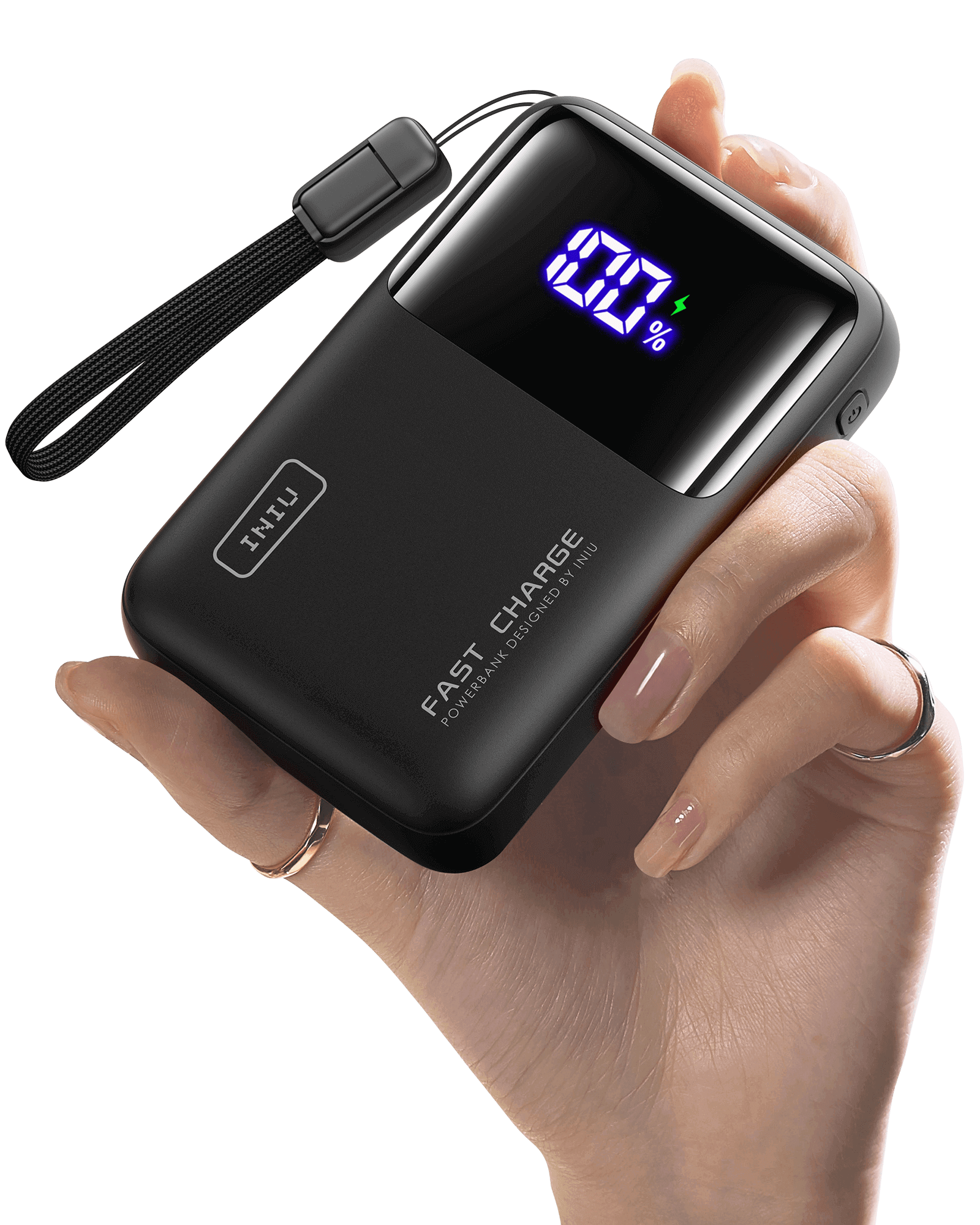 INIU Cougar P62-E1 Power Bank in Black: 65W fast charging, digital display showing 100% charge.