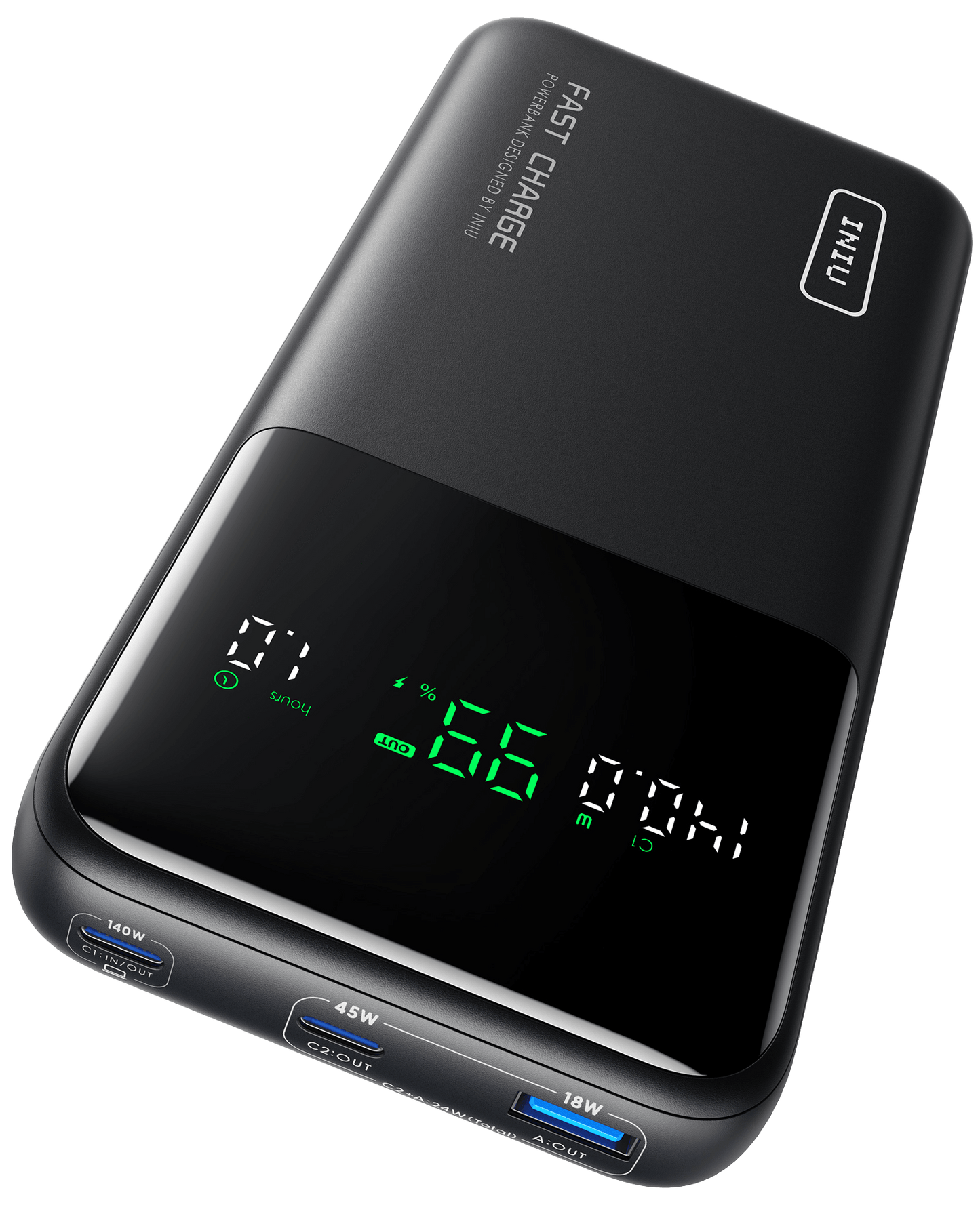 INIU Cougar P64-E1 Power Bank, Fast charging power bank with digital display showing battery level, and various output ports.