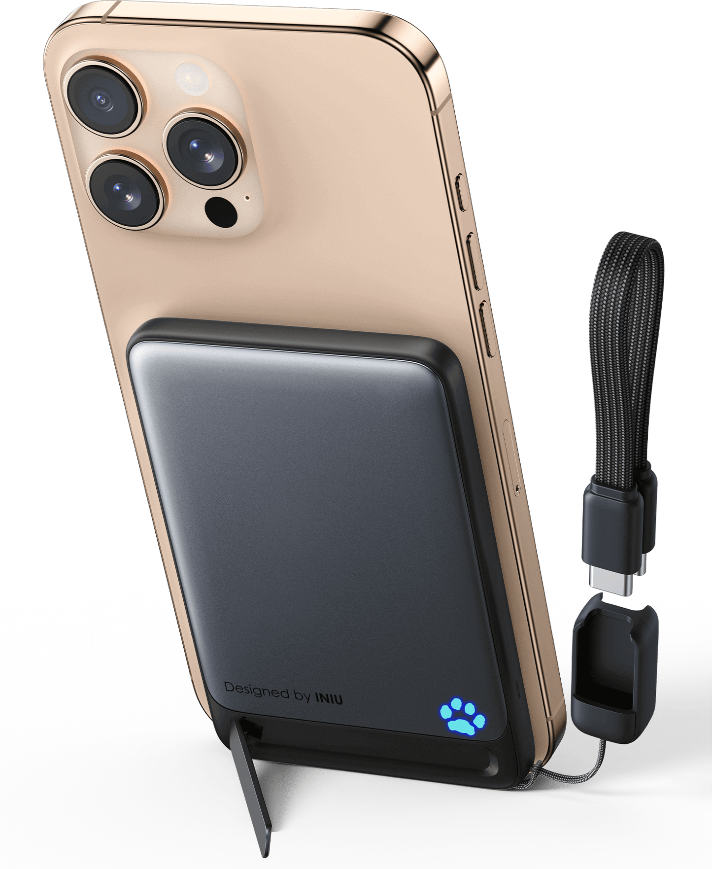 INIU SnapGo P71-E1 power bank charging iPhone, 15W Qi2 wireless, black with stand & USB-C cable.