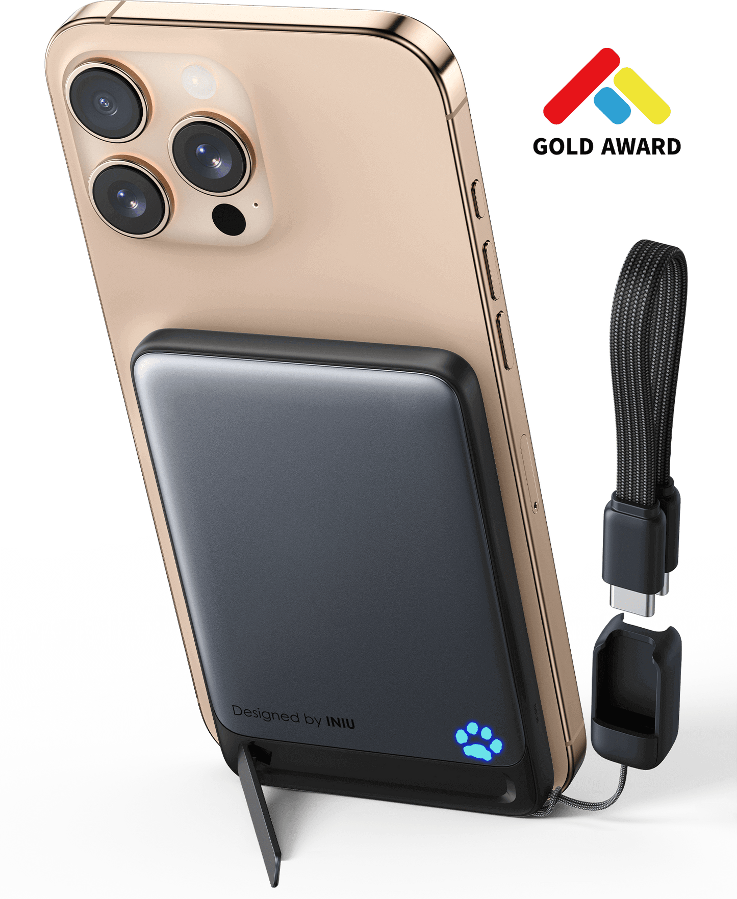 INIU SnapGo P71-E1 Power Bank: Black Magsafe charger on iPhone, Gold Award, Qi2 wireless charging.