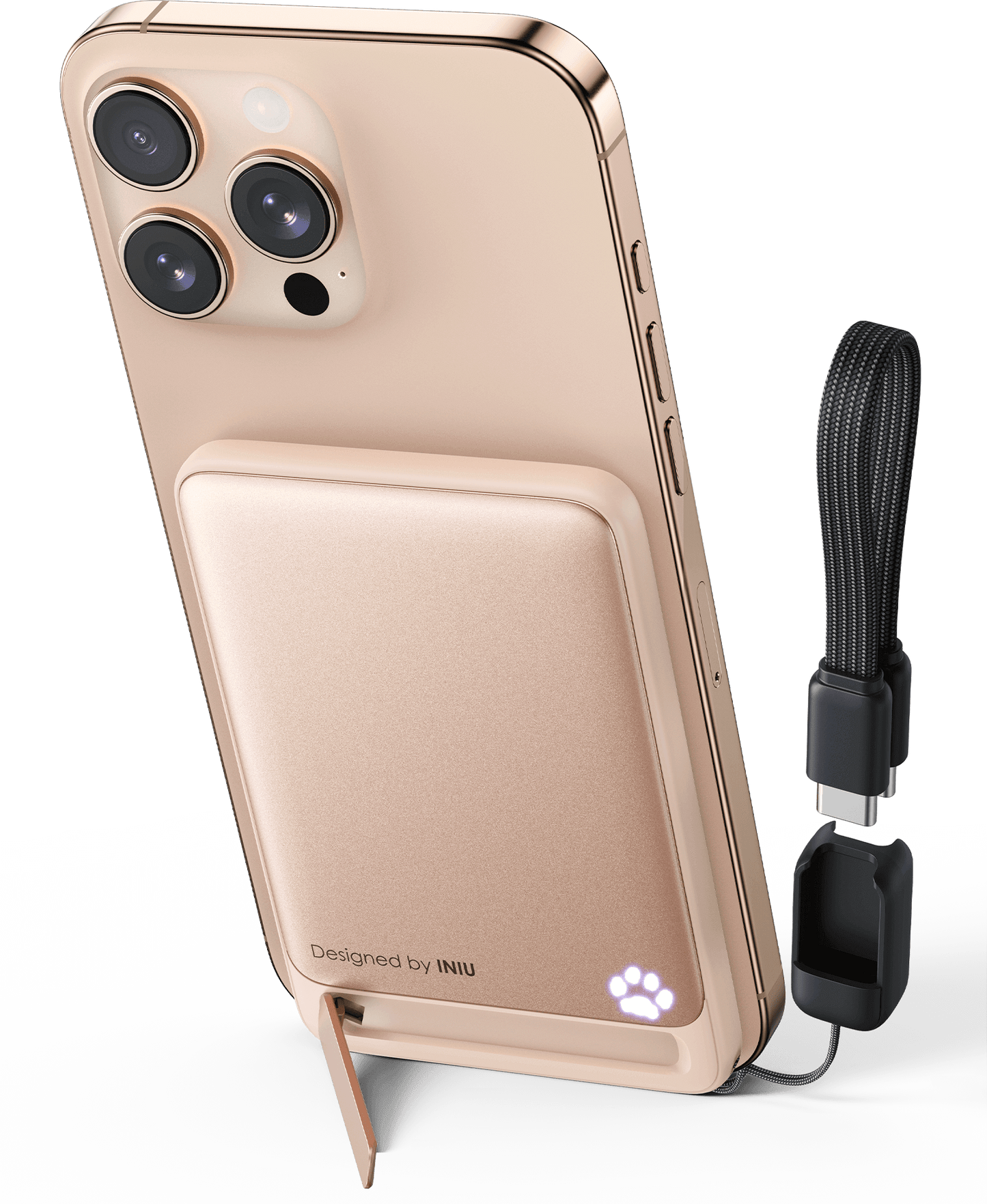 INIU SnapGo P71-E1 power bank with iPhone. Rose gold, foldable stand, paw print, USB-C cable and Designed by INIU text.