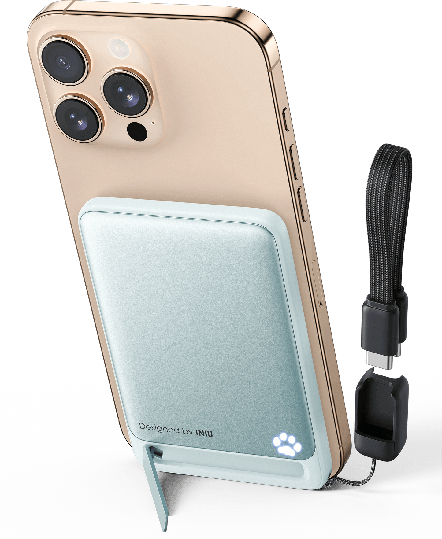 INIU SnapGo P71-E1: Magnetic power bank with stand charging iPhone, Designed by INIU, USB-C cable included.