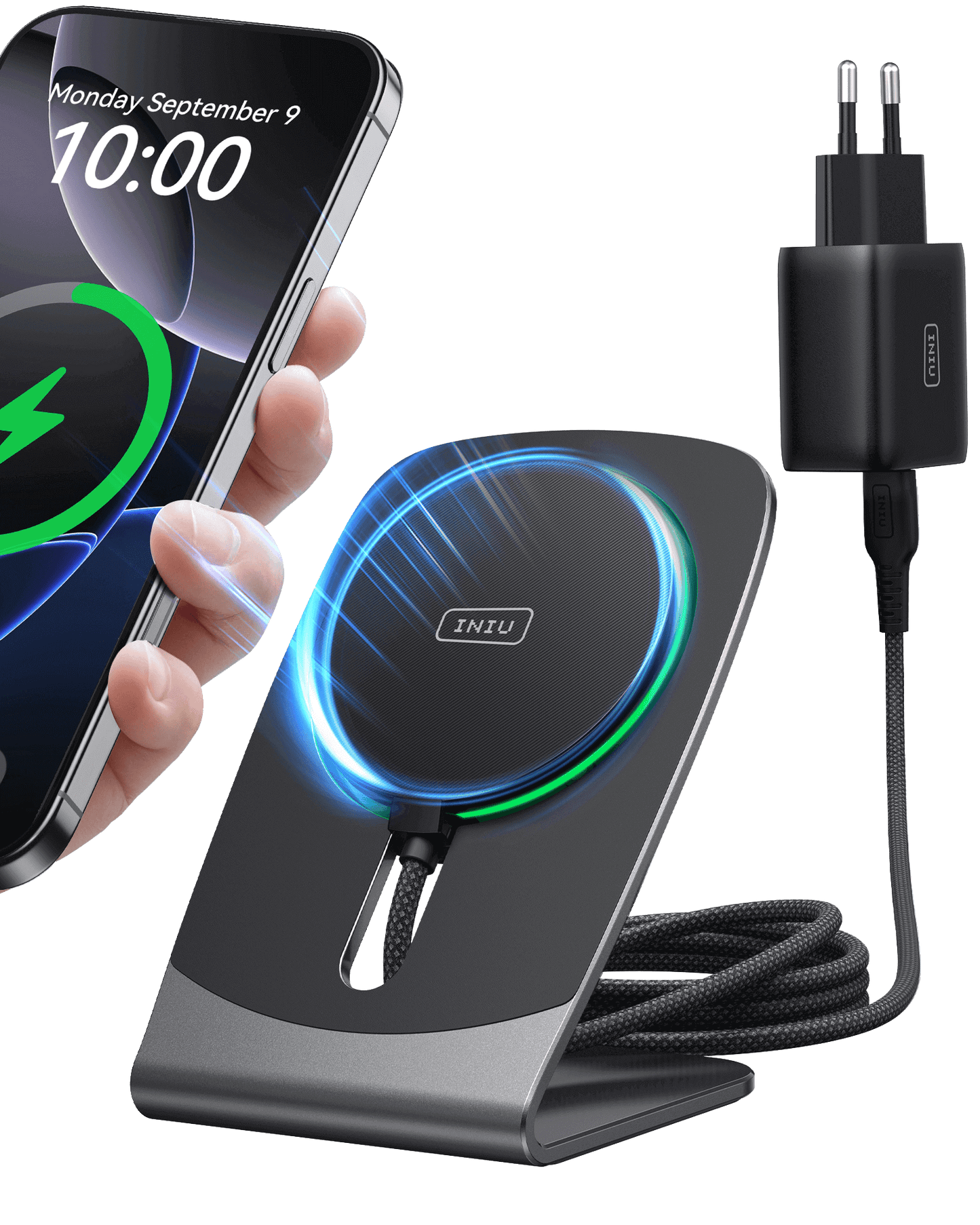 INIU W21-E1 Magnetic Wireless Charger Stand charging iPhone. The display shows the charging, 10:00 AM, Monday, September 9.