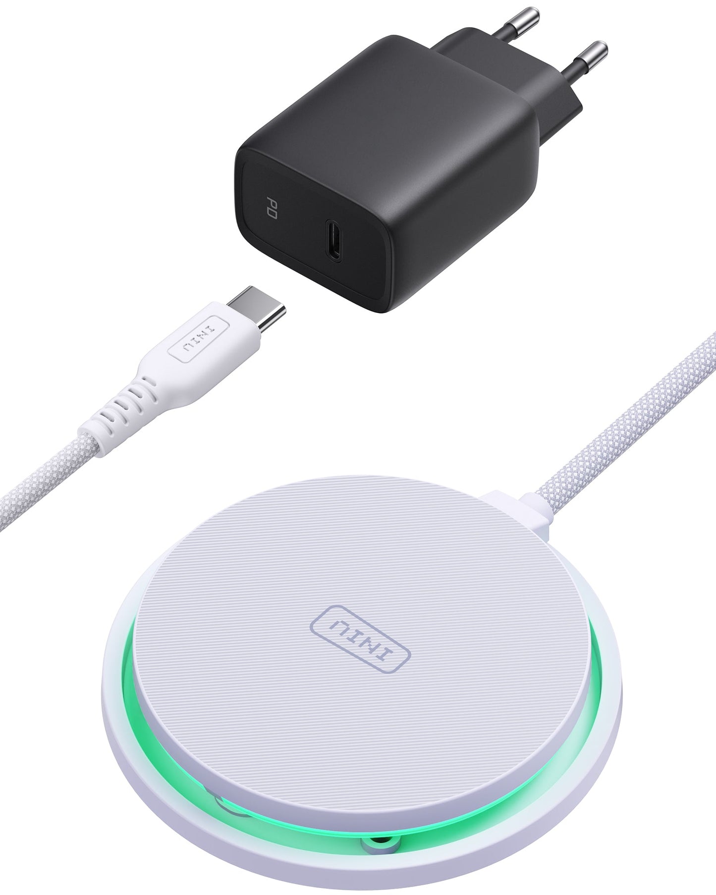 INIU W11-E1 Wireless Charger Kit: White wireless charging pad, black adapter, USB-C cable; fast charging solution.