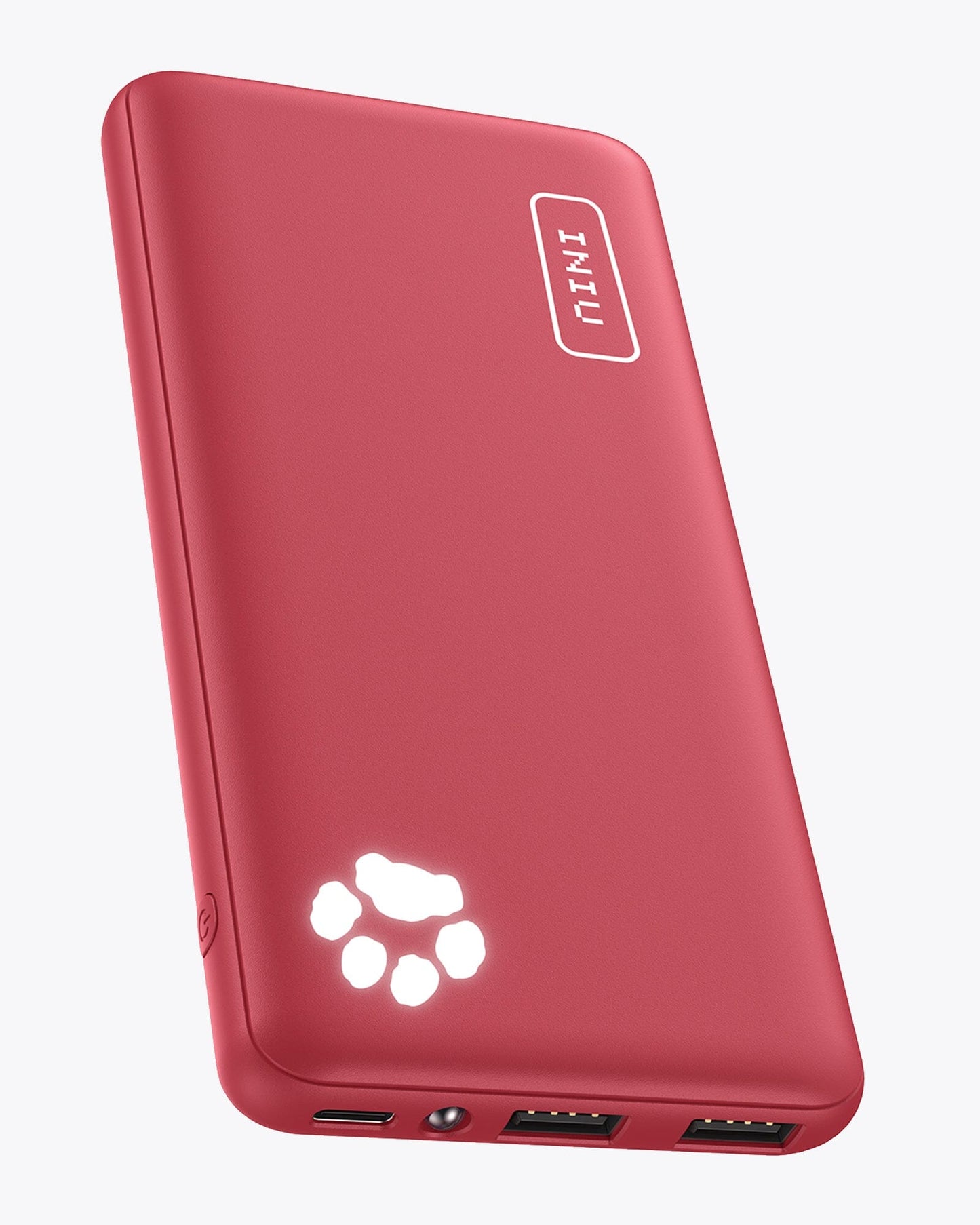 INIU B41 10000mAh Power Bank in Coral. Featuring INIU logo, paw indicator and USB-C ports for fast charging