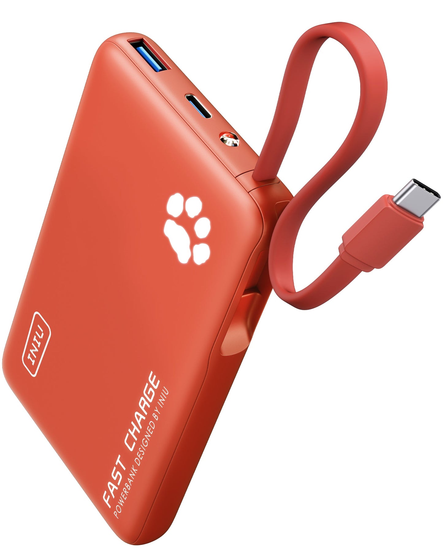 INIU P41L-E1 Power Bank Orange: Orange power bank with USB-C, paw indicator, FAST CHARGE.