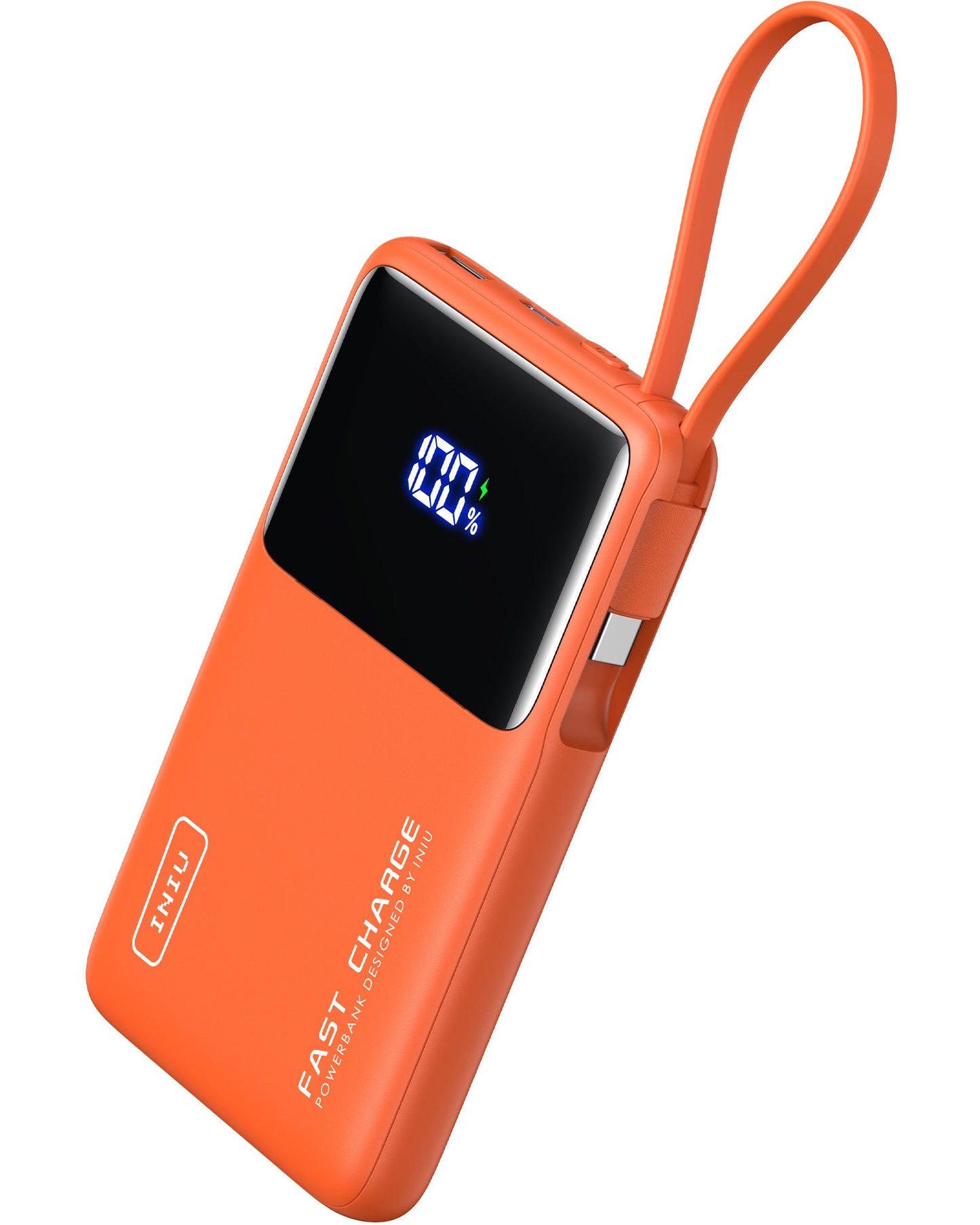 INIU P55L-E2 Power Bank: Orange fast charging power bank with digital display showing 100%, USB-C cable, Fast Charge