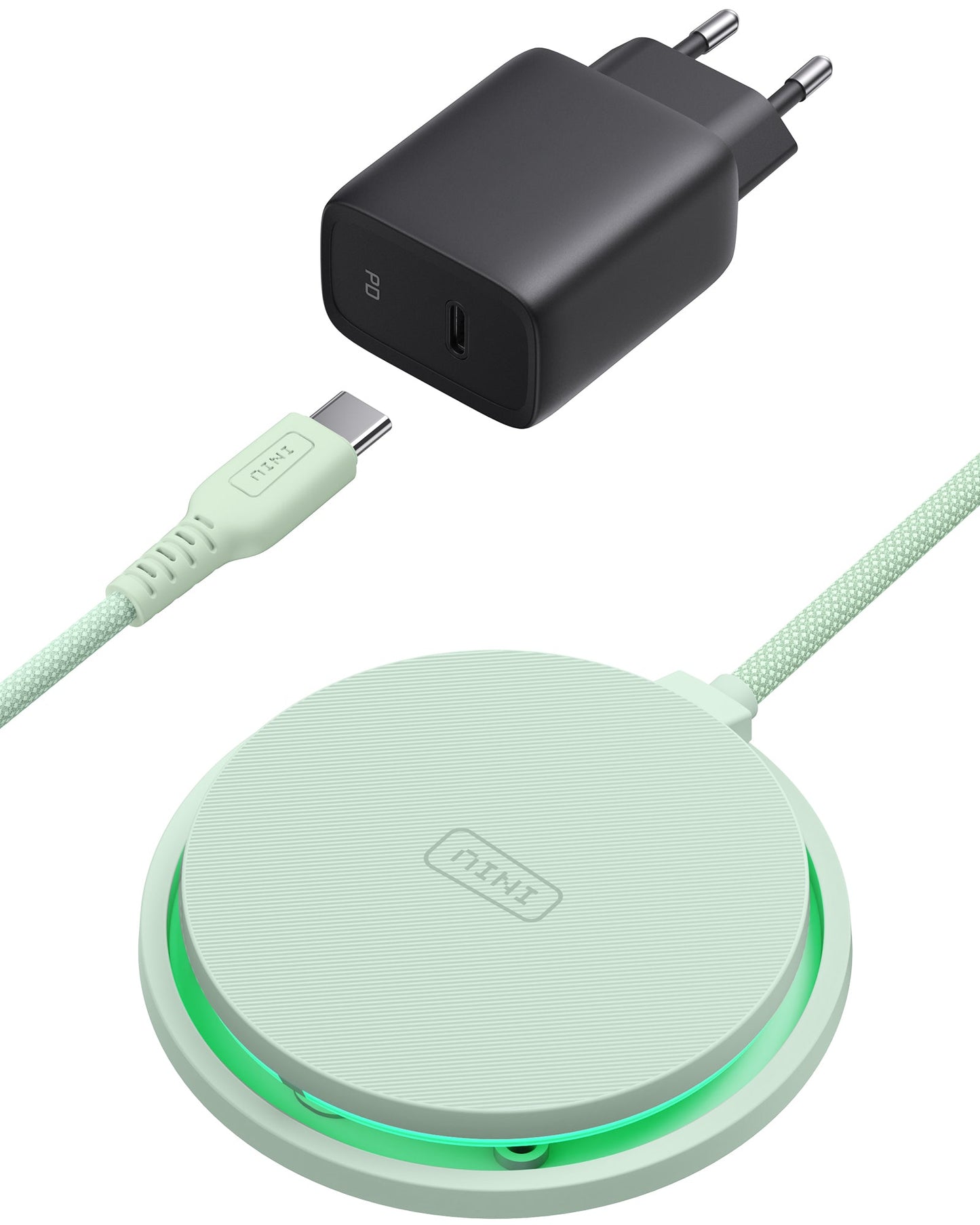 INIU W11-E1 Wireless Charger Kit: Mint wireless charging pad, black adapter and USB-C cable for fast charging