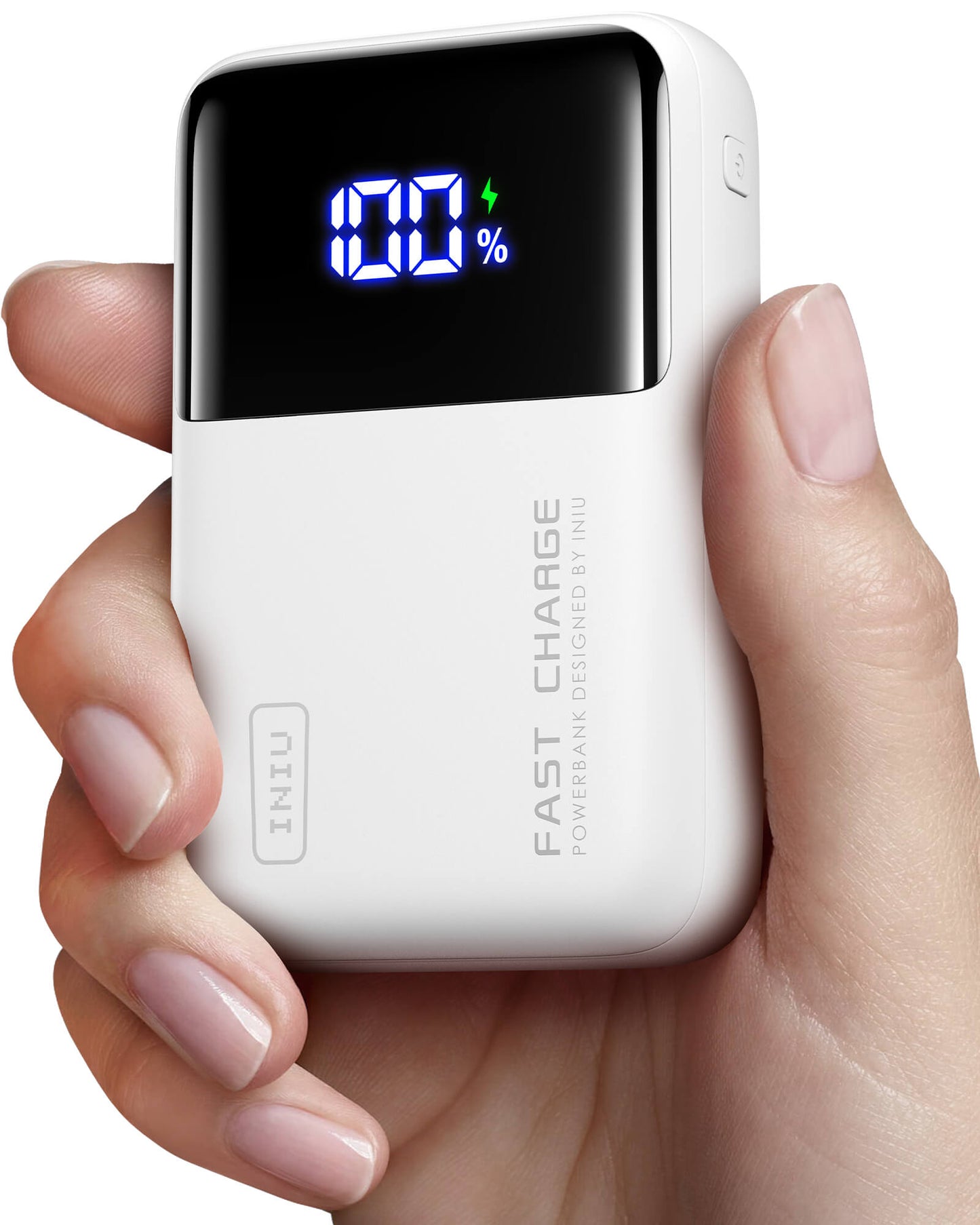INIU Cougar P63-E1 Power Bank held in hand, 100% charge, FAST CHARGE display, white body.