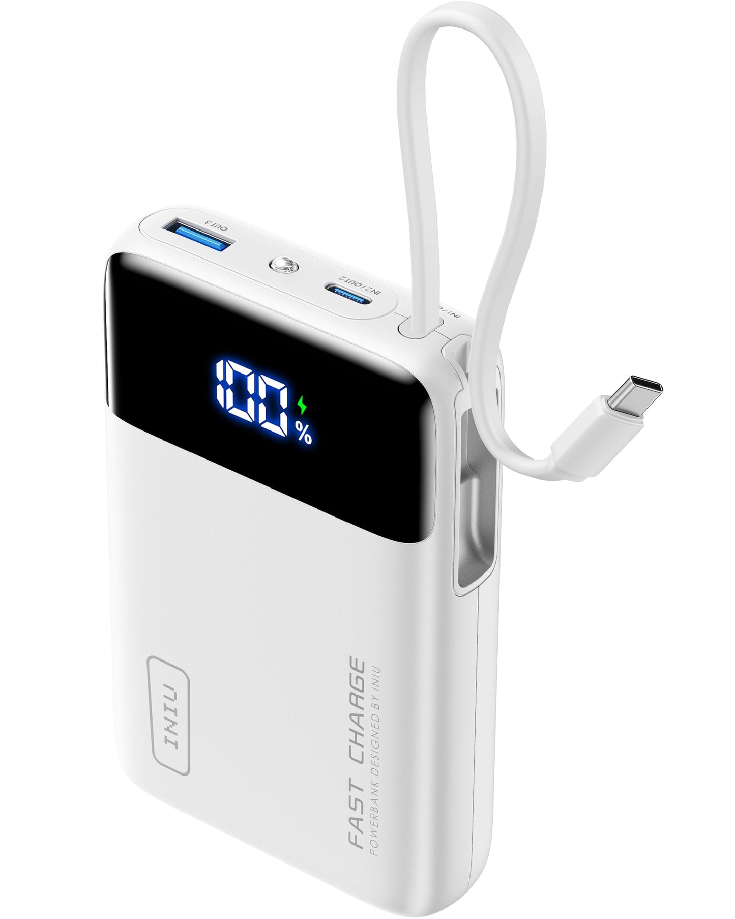 INIU P51L-E2 Power Bank: White, fast charging power bank with built-in USB-C cable, digital display shows 100%