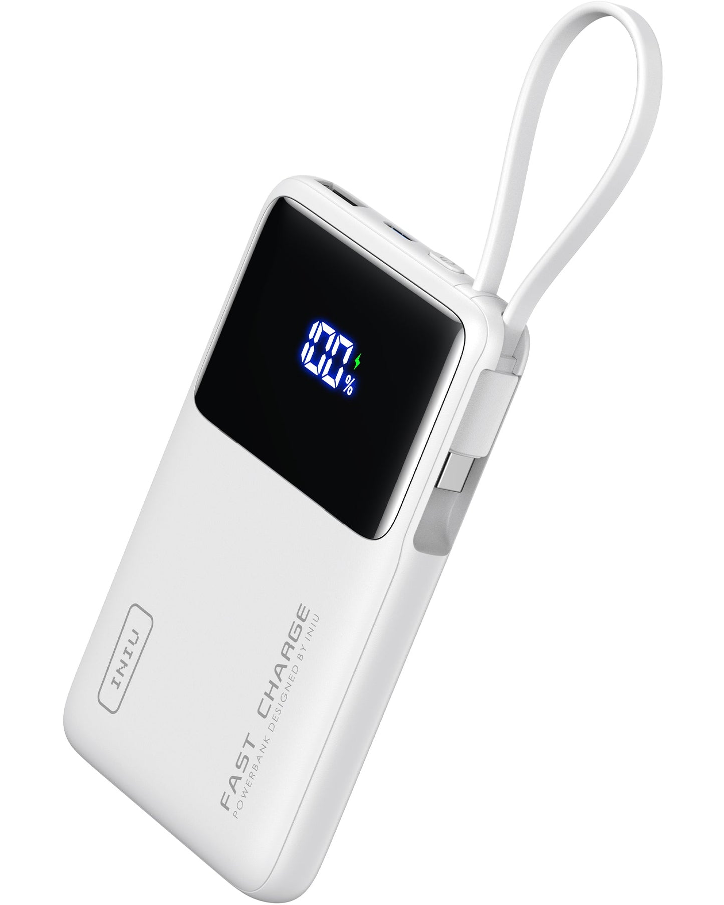 INIU P55L-E2 Power Bank: White fast-charging power bank with display, built-in USB-C, 100% charge.