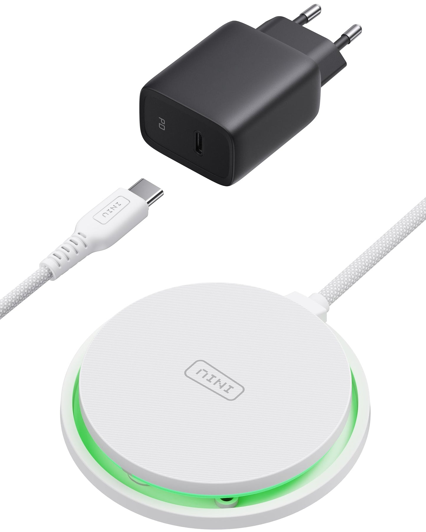 INIU W11-E1 Wireless Charger Kit: Black adapter and white charger pad with USB-C cable, fast charging.