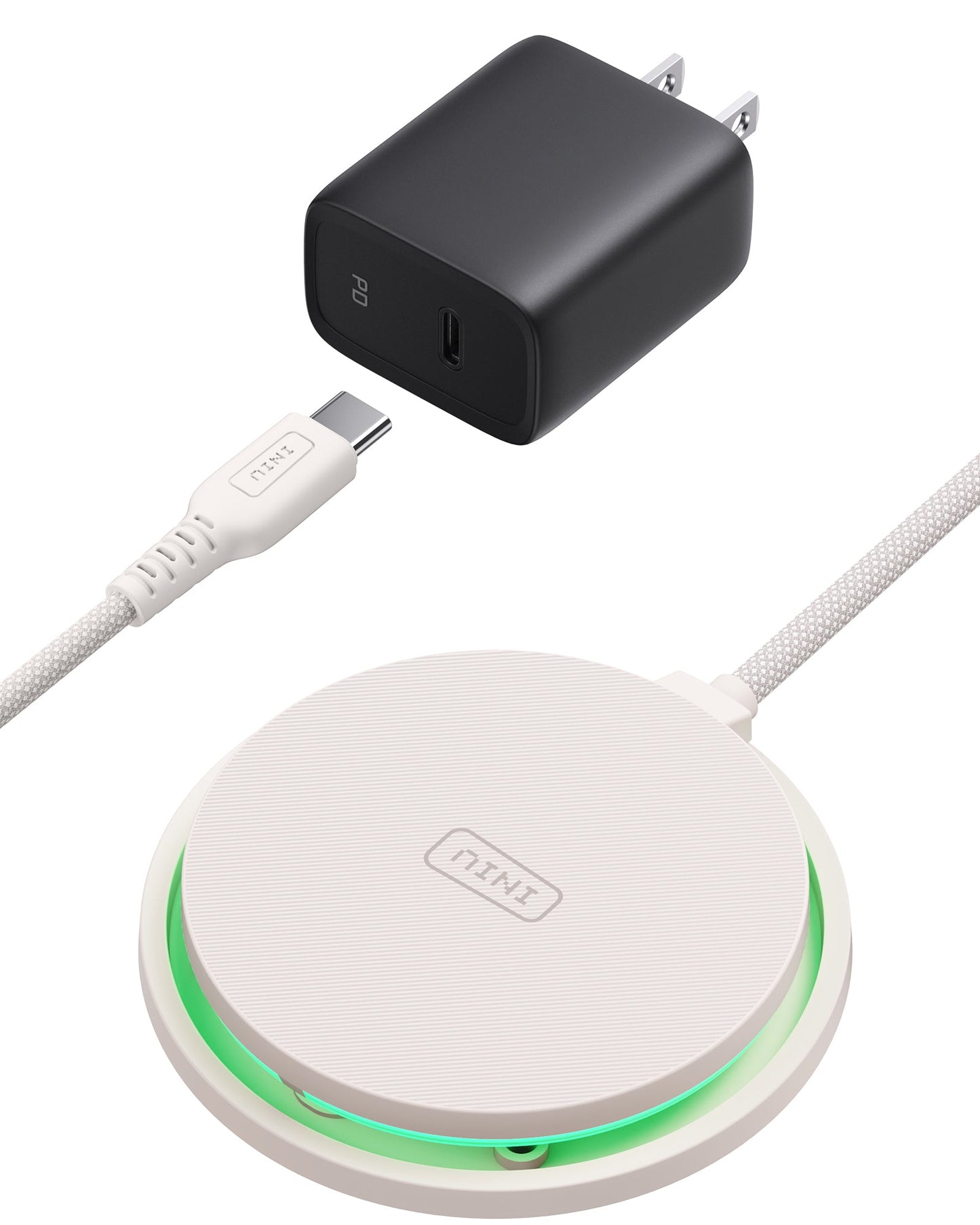 INIU W11-E1 Wireless Charger Kit: White charger, black adapter, and USB-C cable for fast charging.