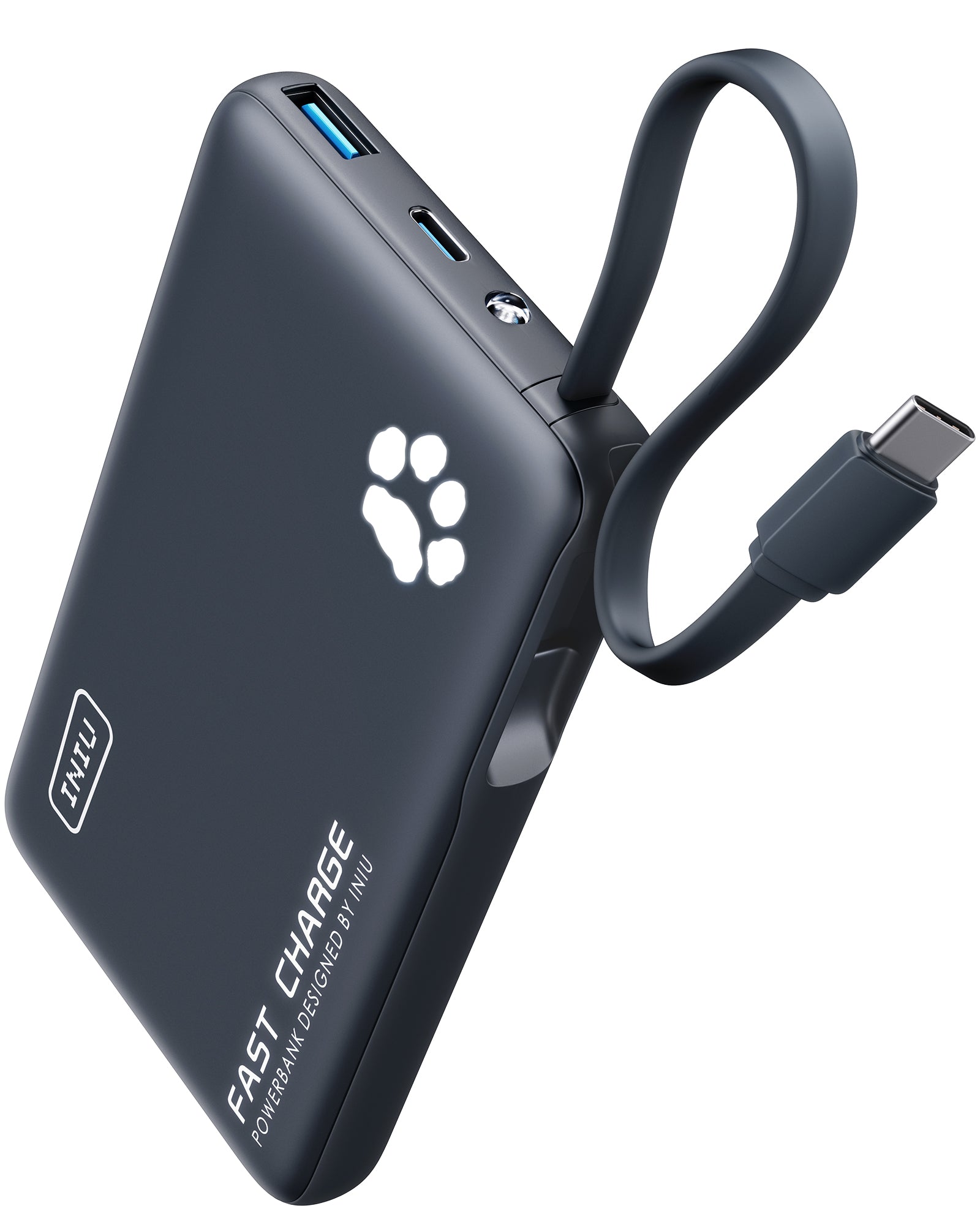 INIU P41L-E1 Power Bank Blue - Fast Charge Portable Charger with Built-in Cable and Paw Power Indicator