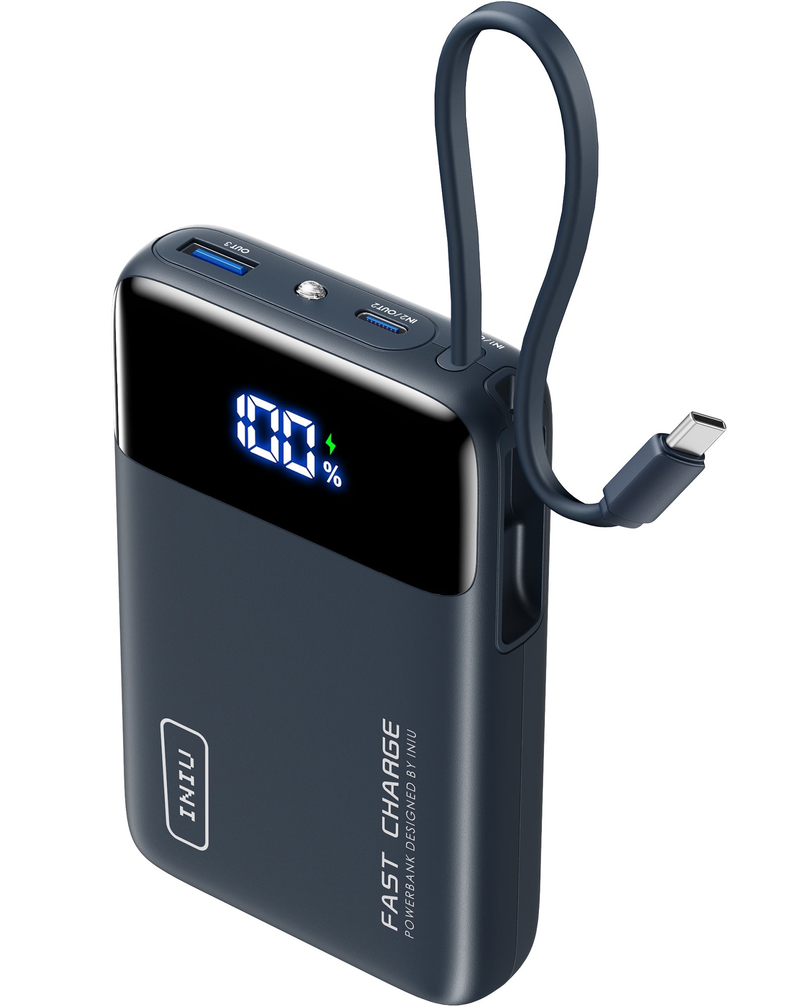 INIU P51L-E2 Power Bank: Navy, fast charging with built-in USB-C cable, digital display shows 100%