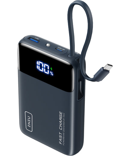 INIU P51L-E2 Power Bank: Navy, fast charging with built-in USB-C cable, digital display shows 100%
