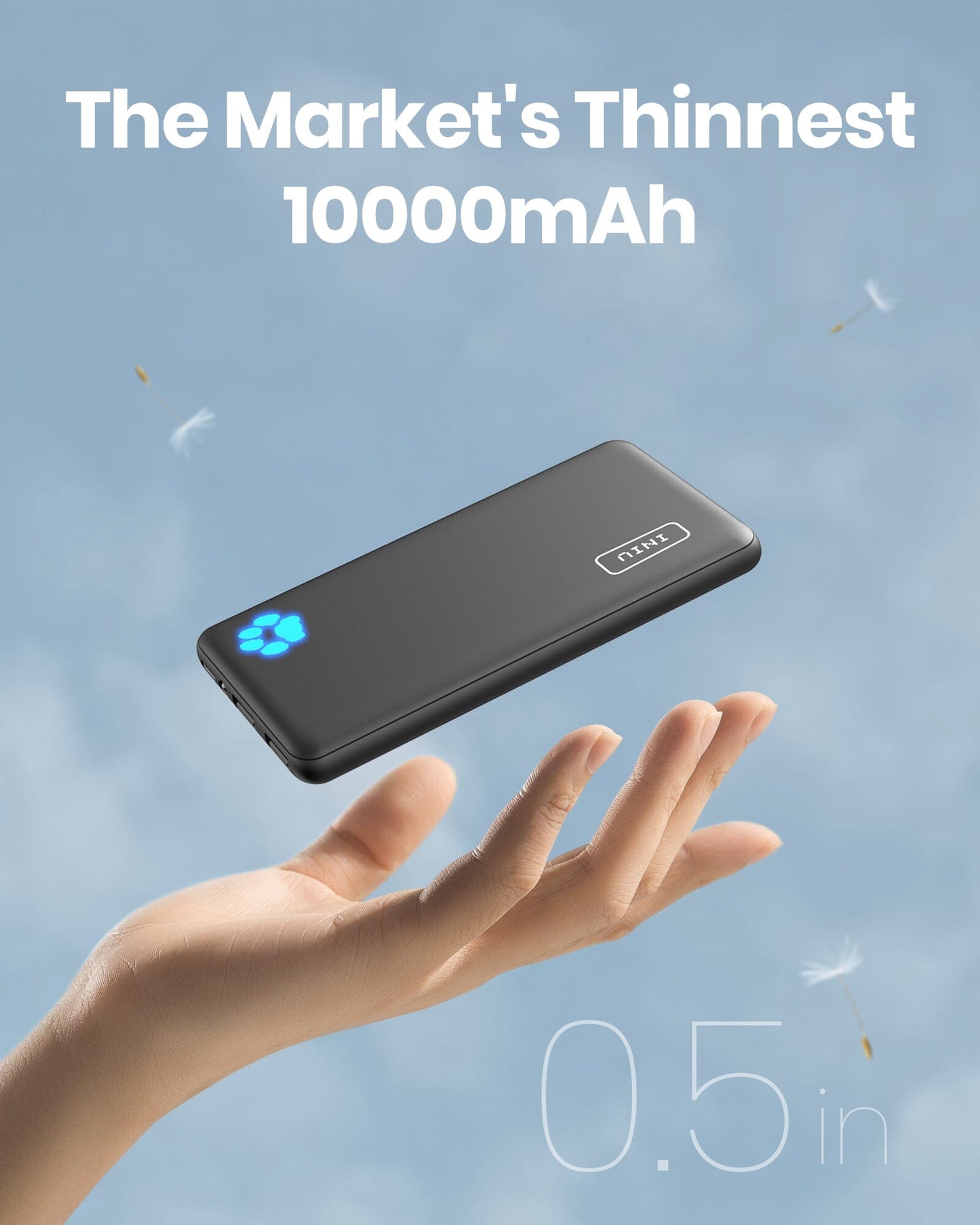 INIU B41 10000mAh power bank in black, held above a hand, labeled 'The Market's Thinnest 10000mAh' and '0.5in'.
