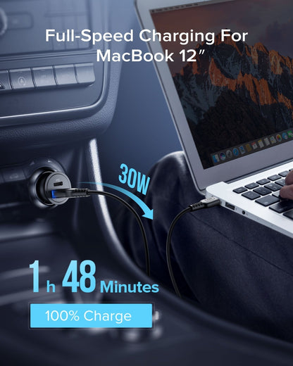 INIU I710 Car Charger charging MacBook 12": Full-speed charging, 30W output, 100% charge in 1h 48 minutes, black design