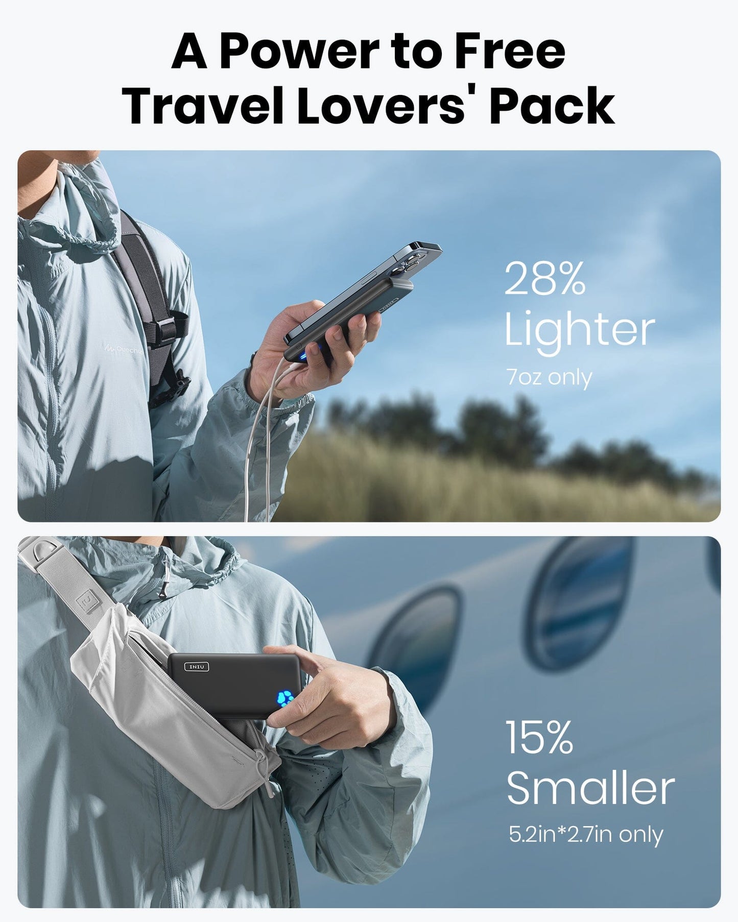INIU B41 Power Bank: Lightweight and compact design, 28% lighter, 15% smaller, ideal for travel, featuring USB-C.