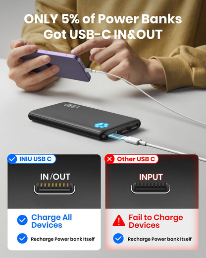 INIU B41 USB-C Power Bank: IN&OUT, charging phone, with Only 5% Got USB-C IN&OUT, fast charging all devices
