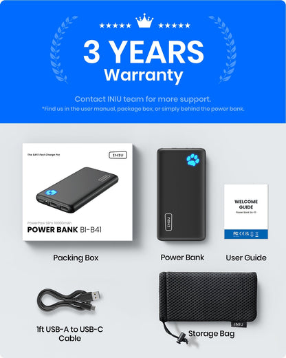 INIU B41 10000mAh Power Bank: 3-Year Warranty, Packaging, Power Bank, USB-C Cable, Storage Bag. Safe Fast Charge Pro.