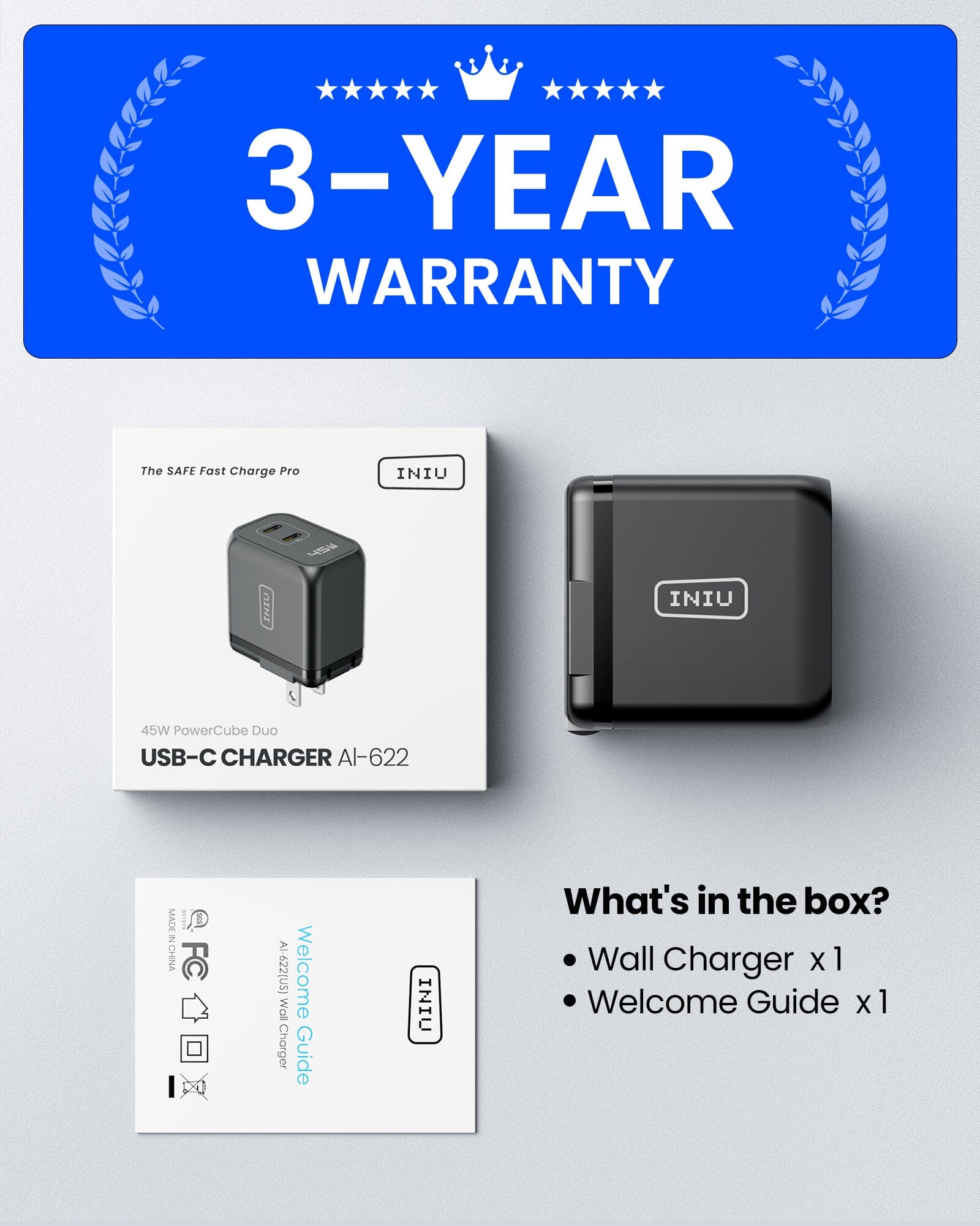 INIU AI-622 45W Charger: 3-Year Warranty, Dual Port Fast Charging, Power Adapter Kit.