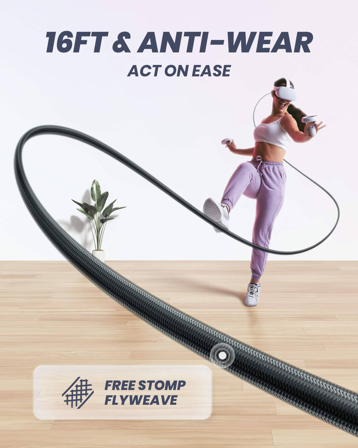 INIU DI401 VR Link Cable: Black braided, 16FT, anti-wear design for VR gaming with "FREE STOMP FLYWEAVE".