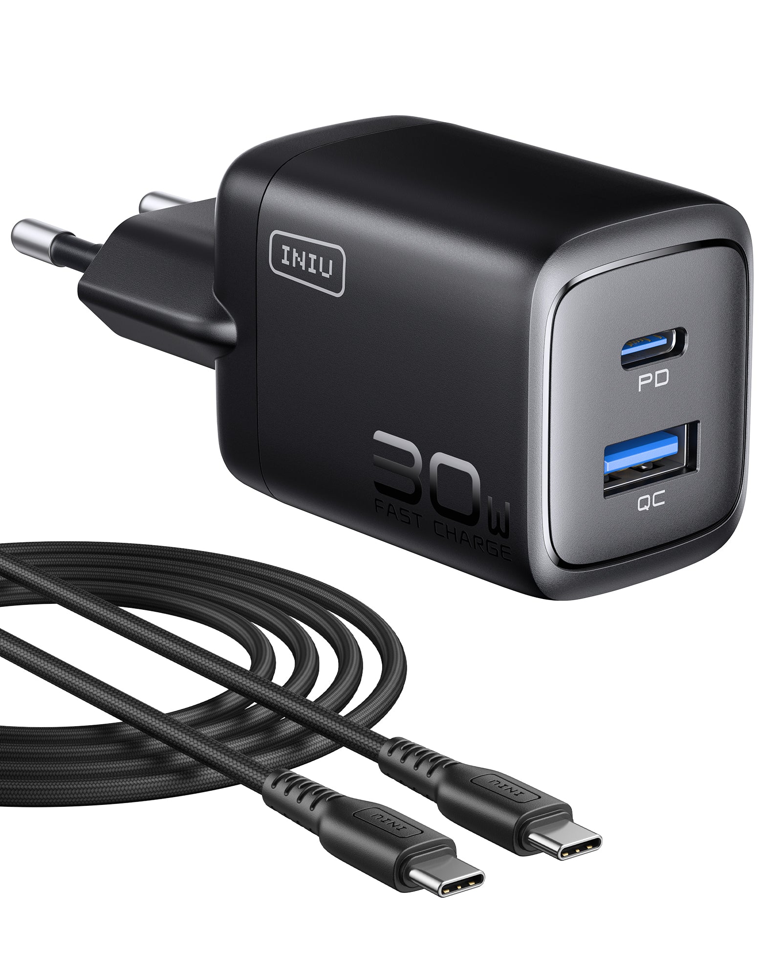 INIU A12-E1 30W Dual Port Charger - Black, PD and QC Fast Charging, with USB-C cable included, fast charging iPhone.