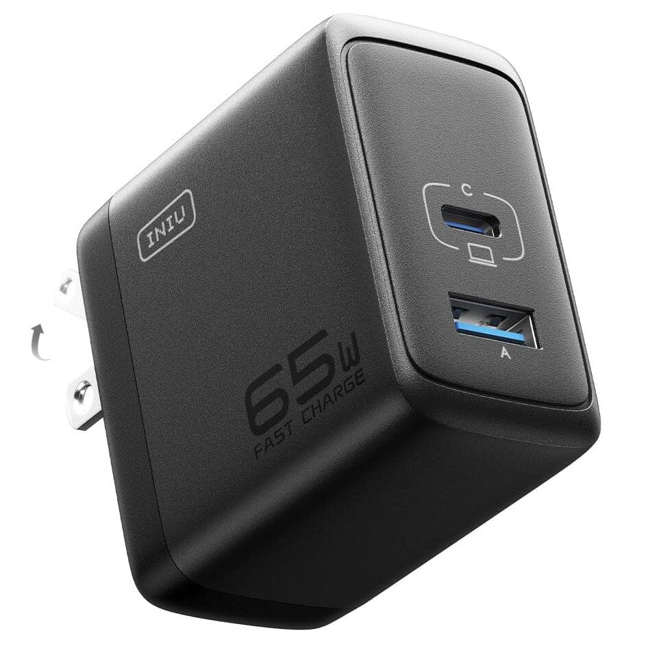 INIU 65W USB-A+USB-C Wall Charger - Black, compact design with 65W Fast Charge, for MacBook, iPhone, Steam Deck and more.