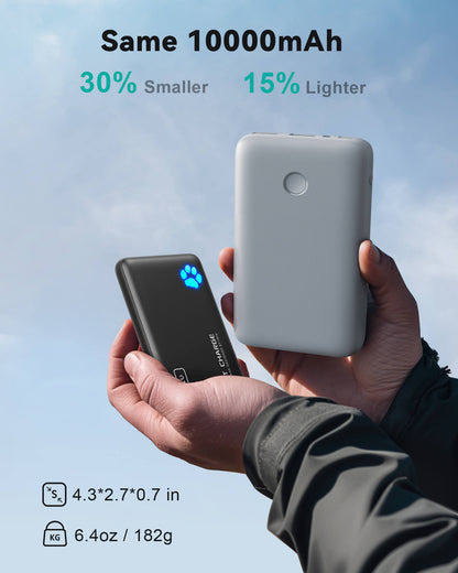 INIU P41 Power Bank: Black and grey portable chargers in hand, showing size comparison with text: 30% smaller and 15% lighter