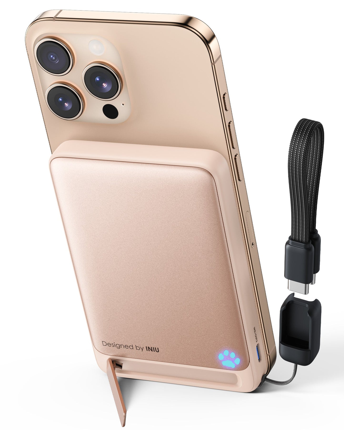INIU SnapGo P73-E1 wireless charger with iPhone, foldable stand, fast charging, and USB-C cable.