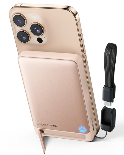 INIU SnapGo P73-E1 wireless charger with iPhone, foldable stand, fast charging, and USB-C cable.