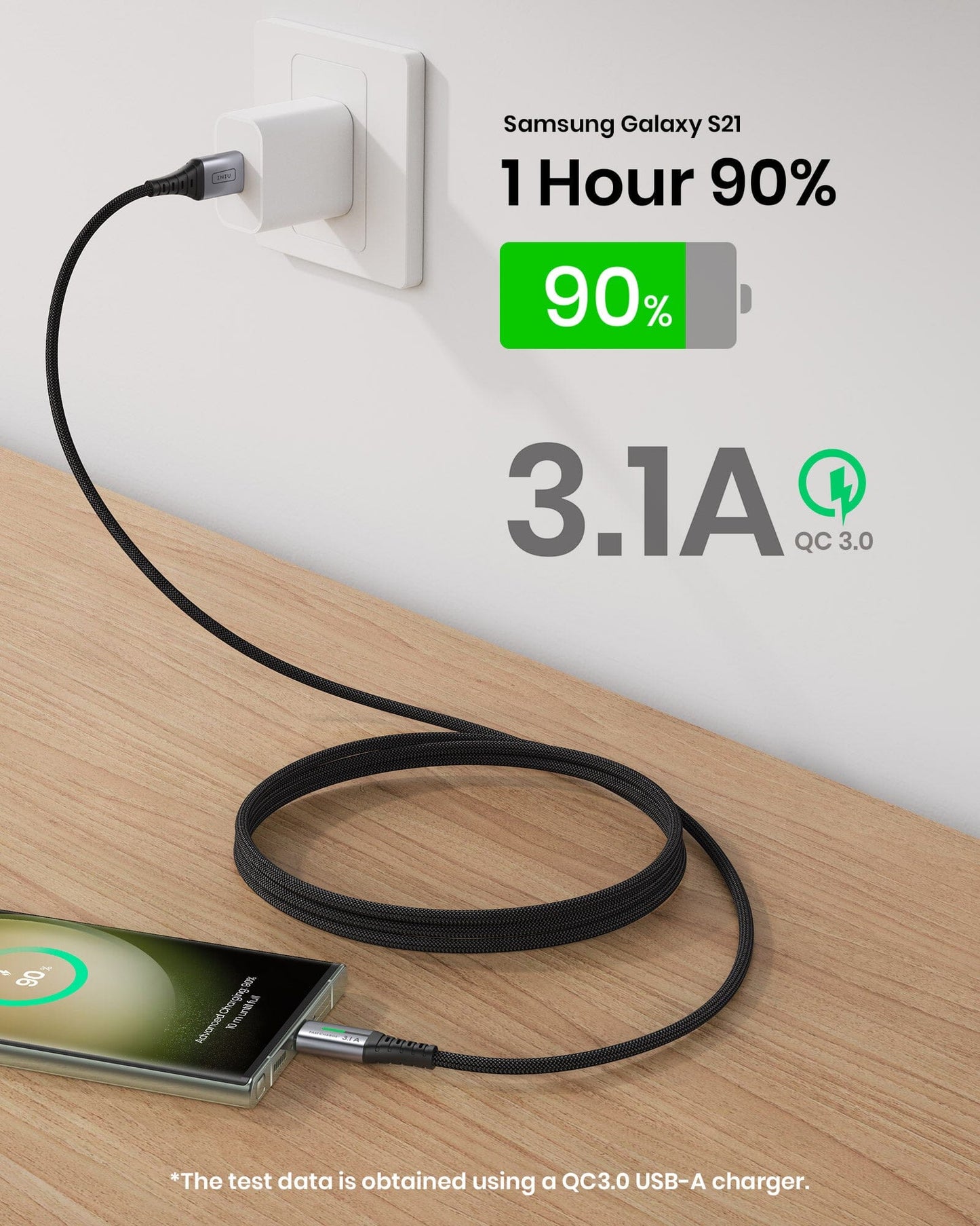 INIU D5C USB-C Charging Cable, fast charging a Samsung Galaxy S21, 1 hour to 90%, 3.1A, Black cable