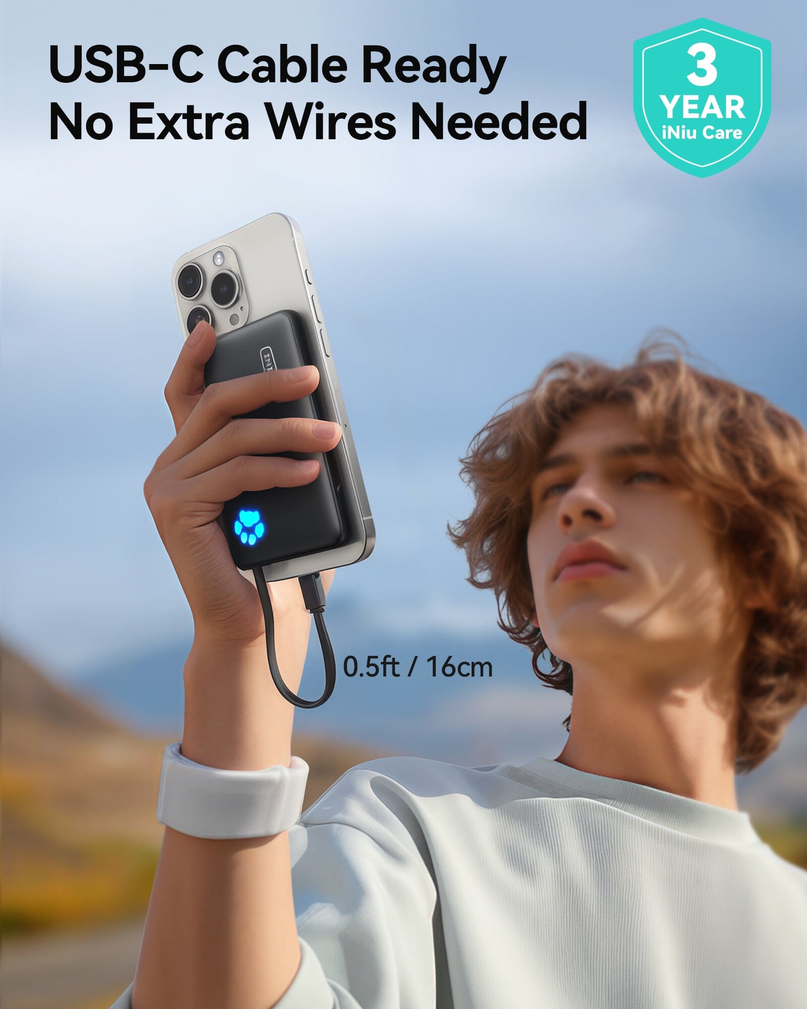 INIU P41L-E1 Power Bank charging iPhone with built-in USB-C cable, 3-Year iNiu Care, USB-C Cable Ready