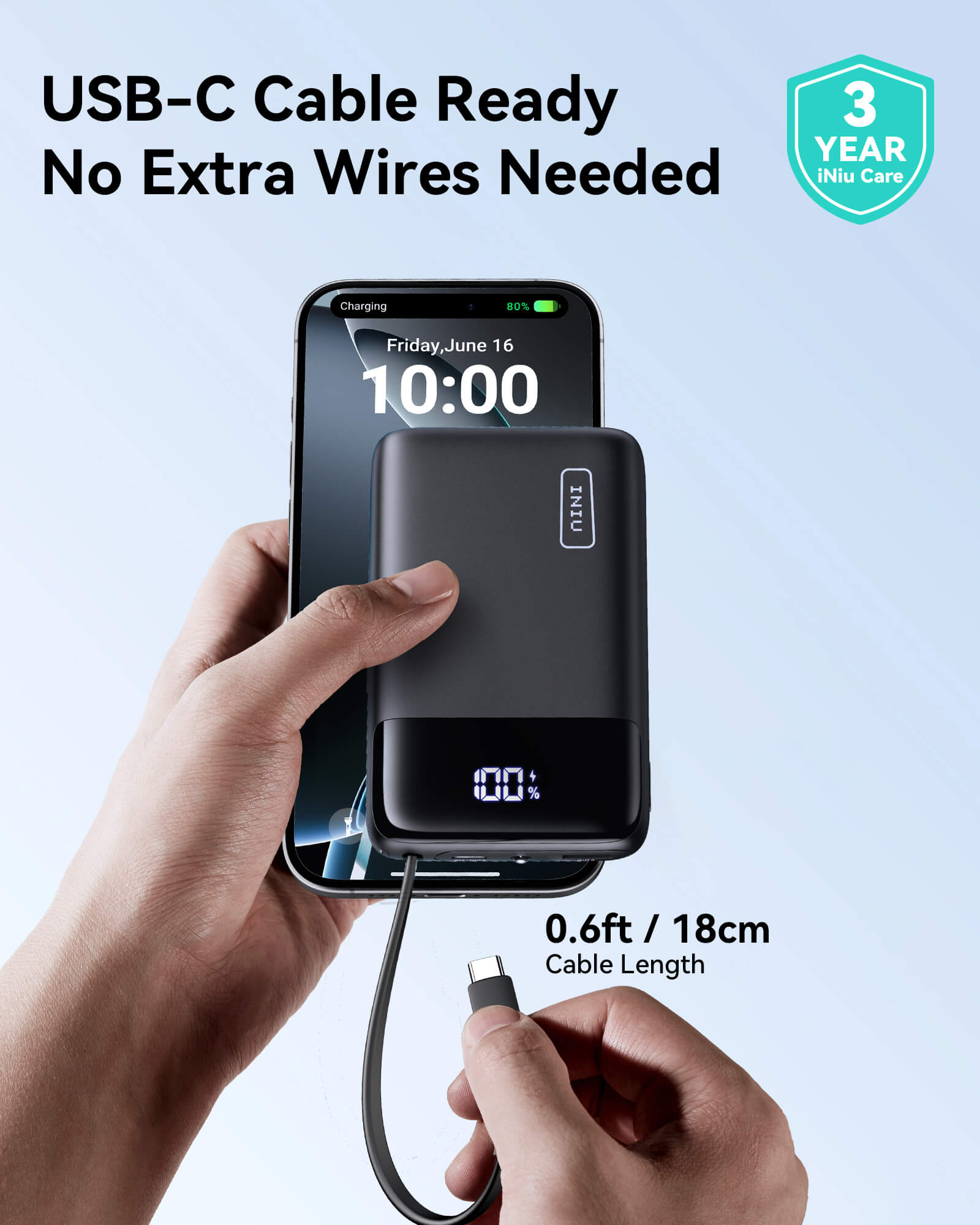INIU P51L-E2 Power Bank: Black, USB-C cable, charging iPhone 15. No extra wires needed. 3-Year iNiu Care.