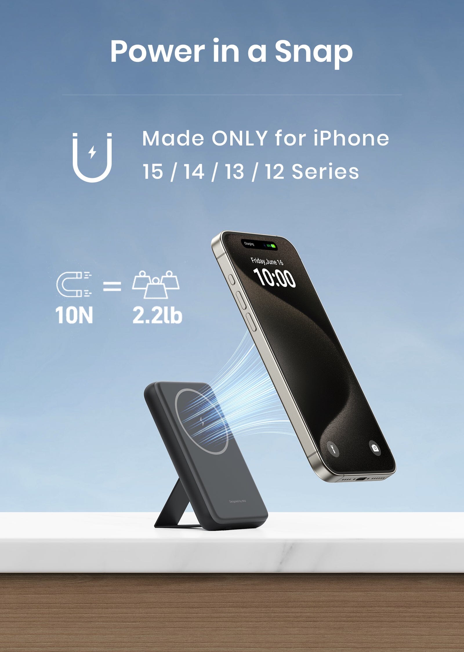 INIU B7 Magnetic Wireless Power Bank, iPhone 15/14/13/12 Series, magnetic charging, with a stand.