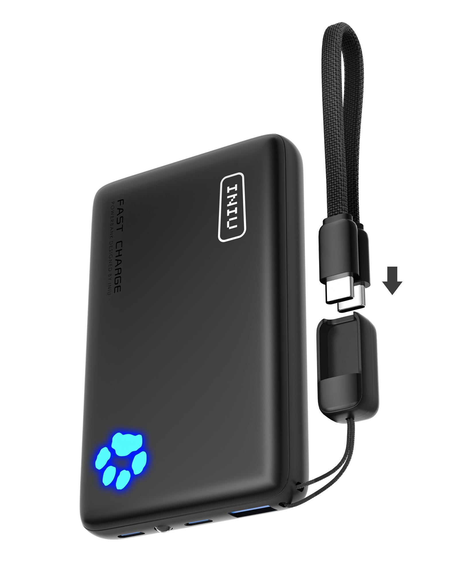 INIU P41-E2 Power Bank - Black portable charger with USB-C ports and fast charging technology, with a USB-C cable attached.