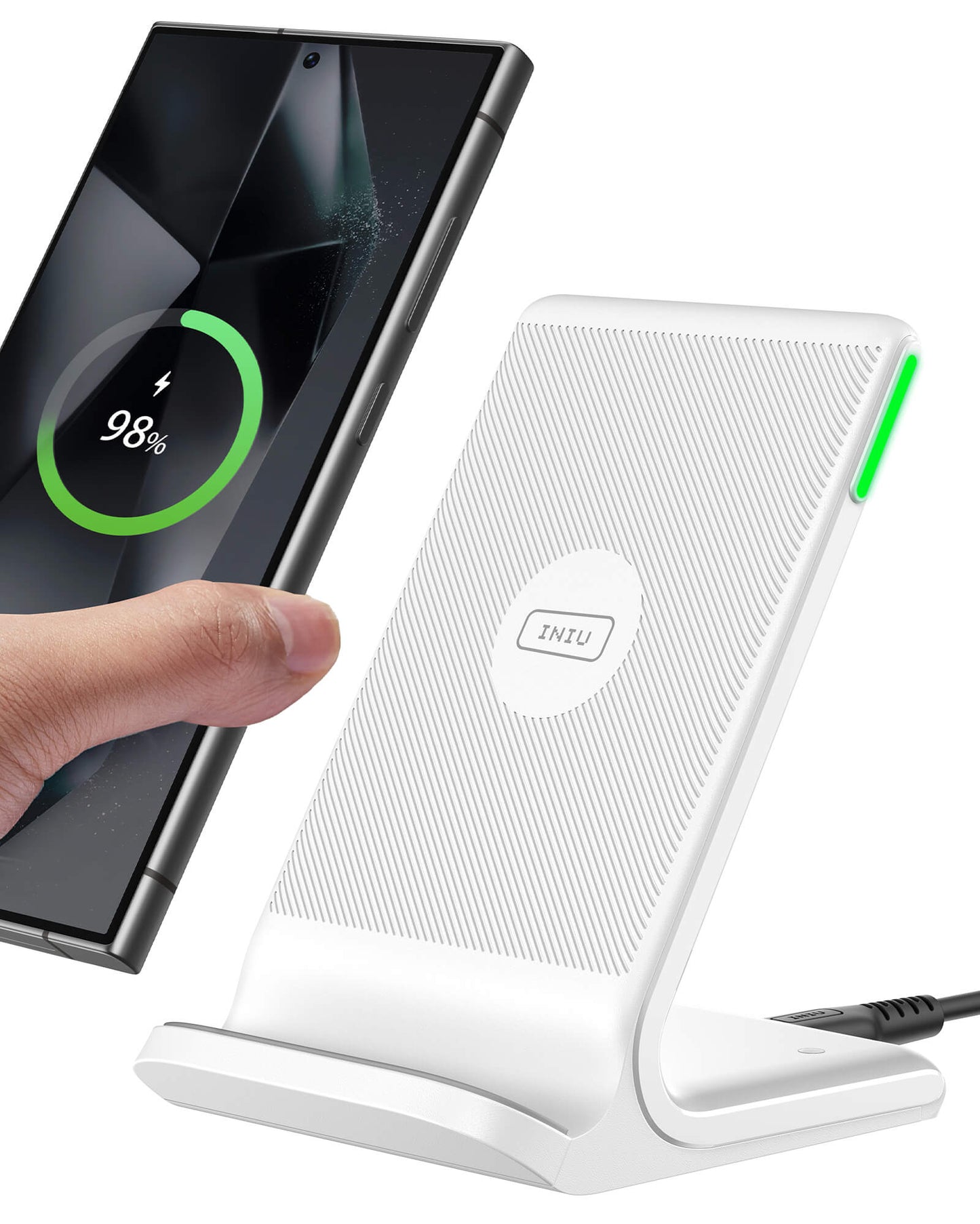 INIU I211-White Wireless Charger with phone charging to 98%. White stand with green light, fast charging solutions