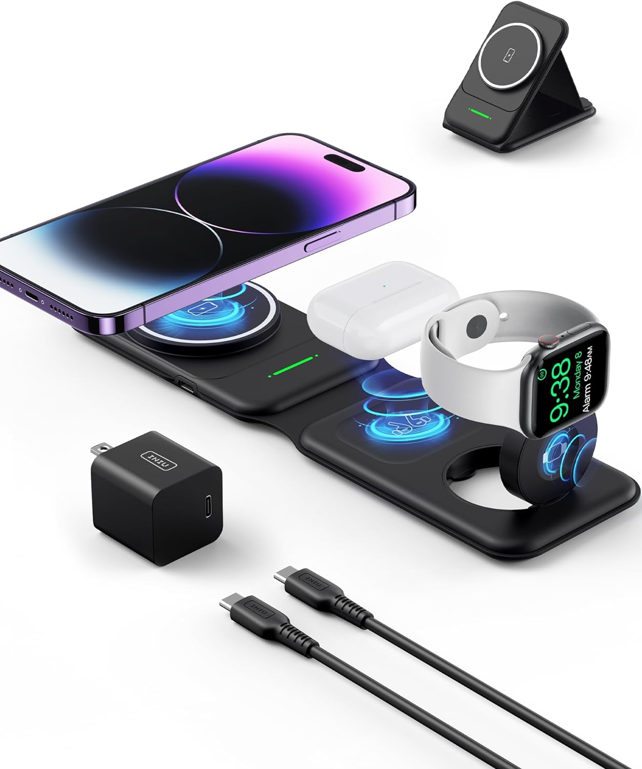 INIU 3-in-1 Wireless Charger: iPhone, Apple Watch, AirPods, black foldable design, fast charging.