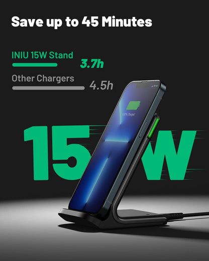 INIU I211-2P 15W Wireless Charger: Black stand with iPhone, fast charging 3.7h, save 45 mins, 100% charged