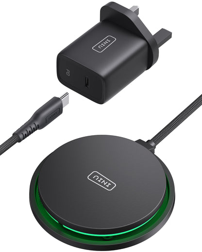 INIU W11-E1 Wireless Charger Kit: Black charger pad, adapter, and USB-C cable, fast charging.