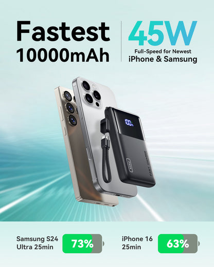INIU P55-E2 Power Bank charging Samsung S24 Ultra to 73% in 25 mins and iPhone 16 to 63% with 45W fast charging