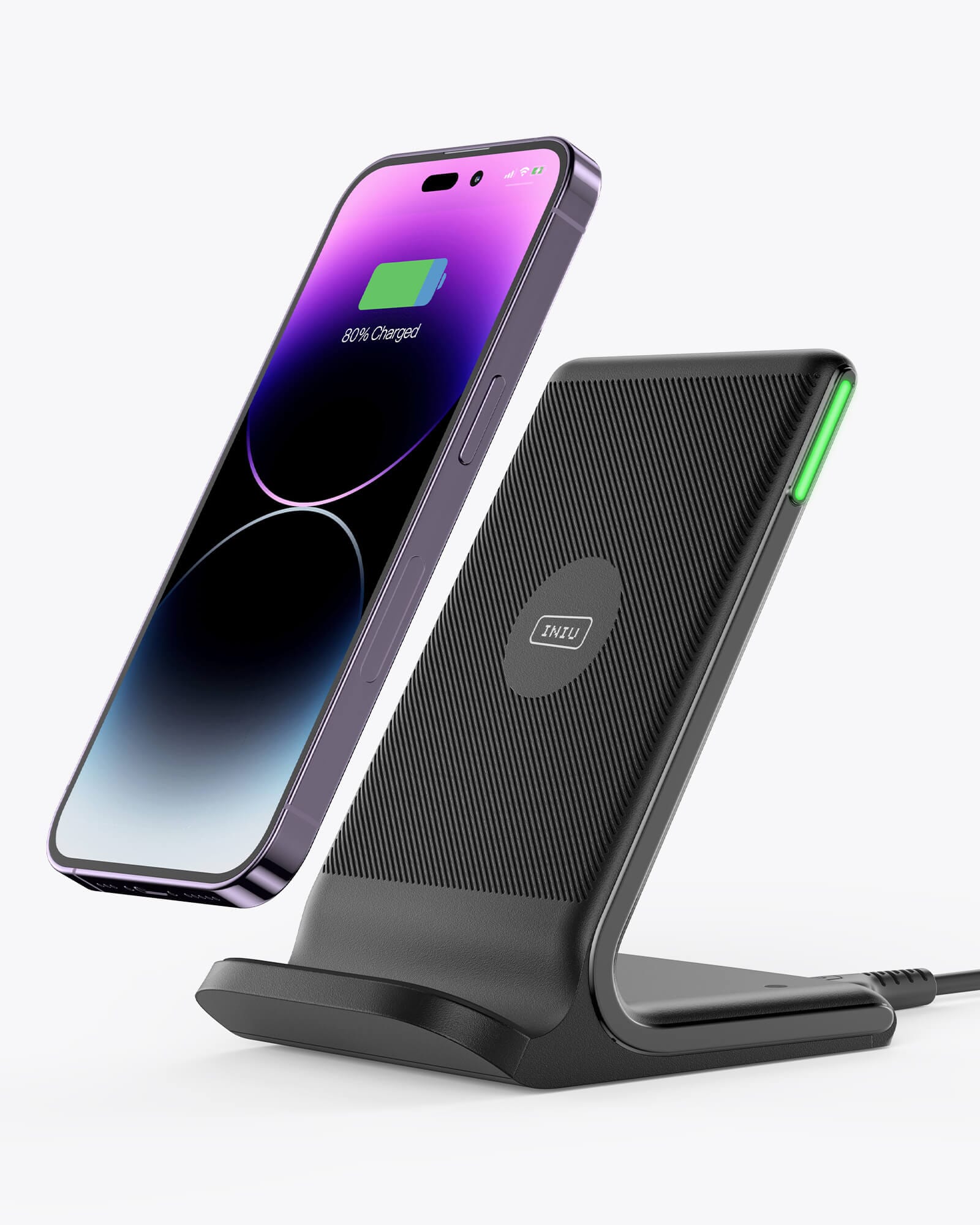 INIU I211 Wireless Charger, iPhone 14 charging at 80% on a black stand, fast Qi wireless charging