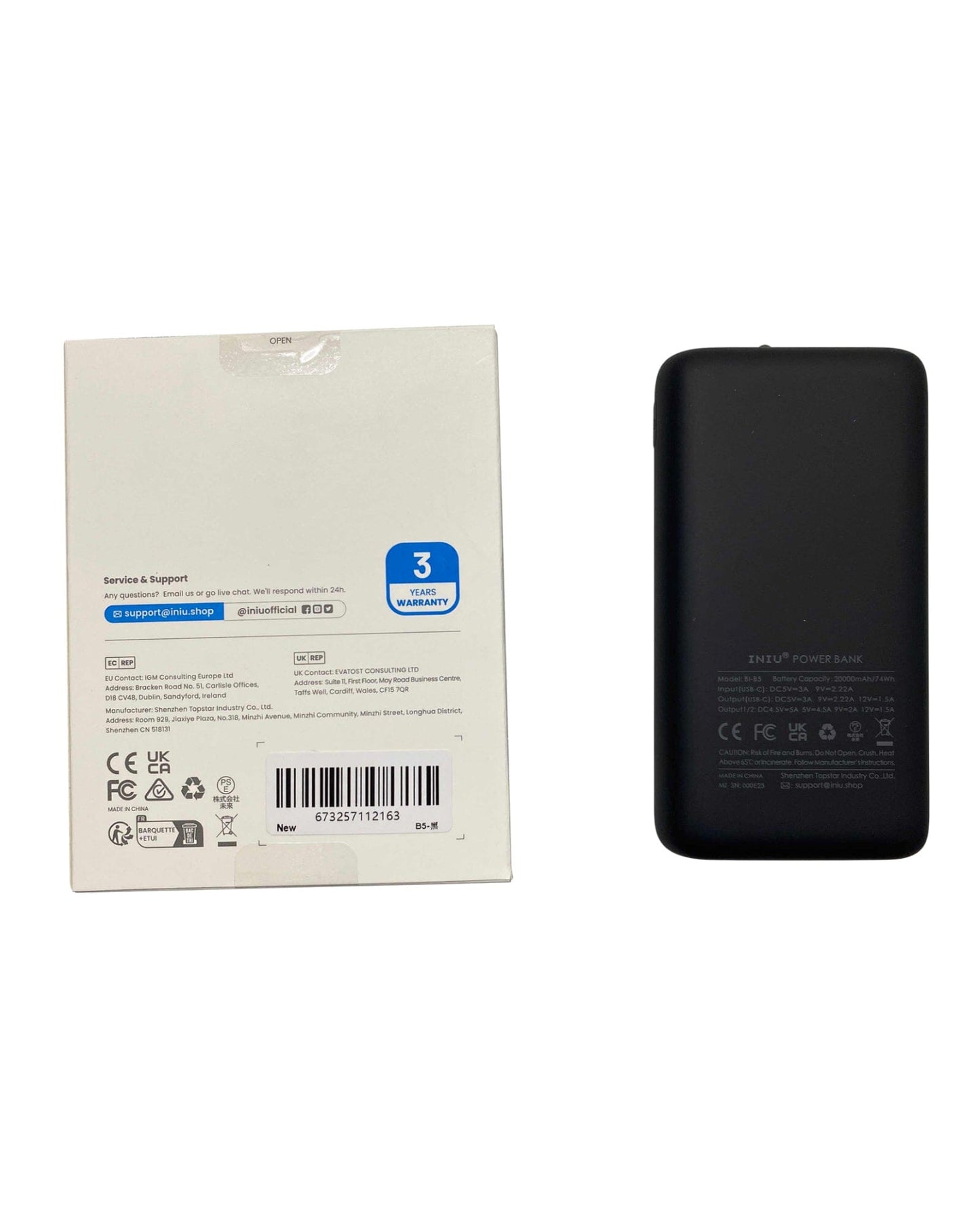 INIU B5 Power Bank - Black, 20000mAh Portable Charger with 3-Year Warranty, USB-C Fast Charging