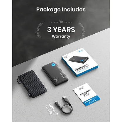 INIU B3 Power Bank package includes: charger, USB-C cable, pouch, welcome guide, 3-year warranty, fast charging
