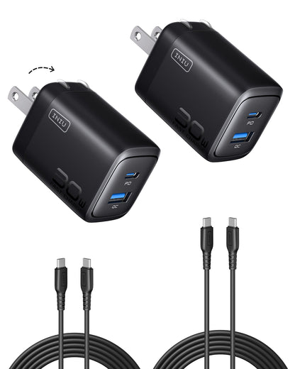 INIU A12-E1 Charger (2-pack) black with cables, 30W fast charging with dual ports for PD and QC